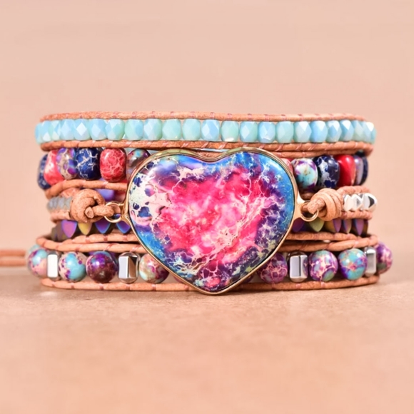 Jasper Gemstone Leather Wrap Beaded Bracelet | Handmade Beaded Wrap Bracelet - Picture 5 of 9